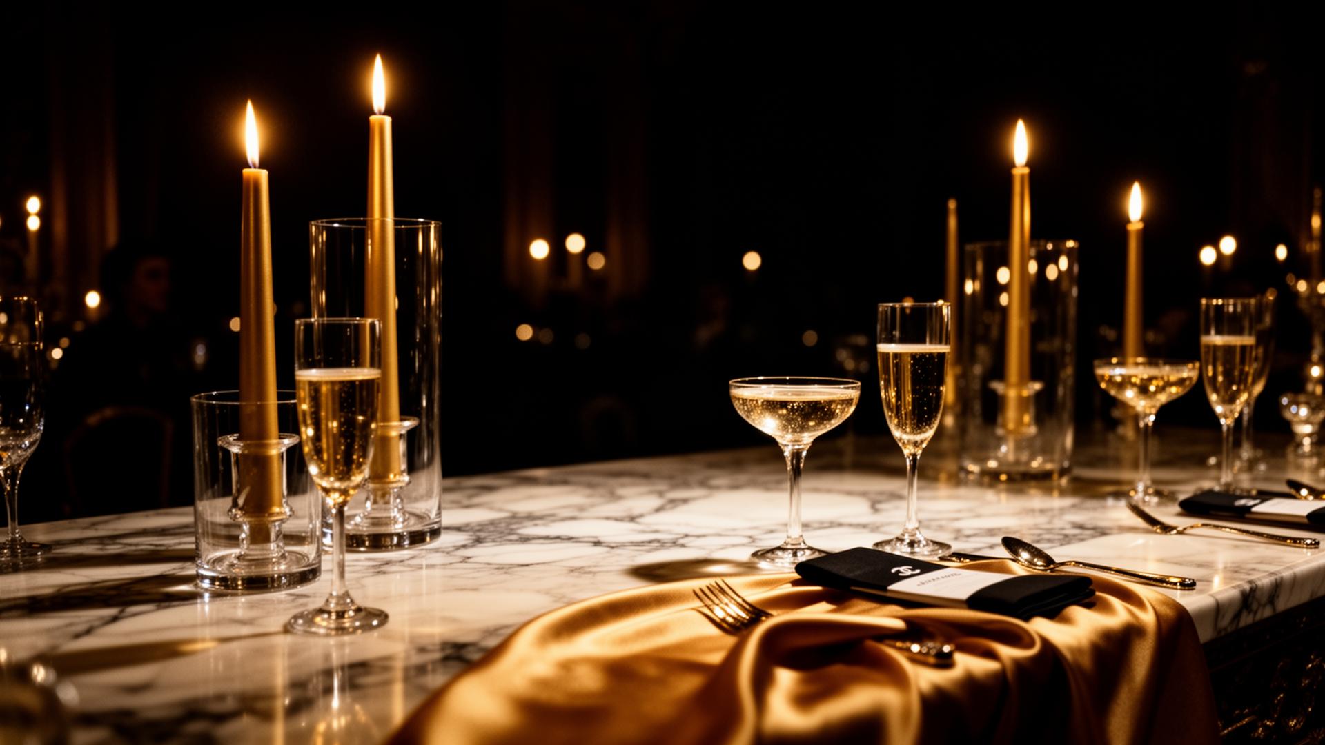 Candlelit marble tablescape with champagne coupes